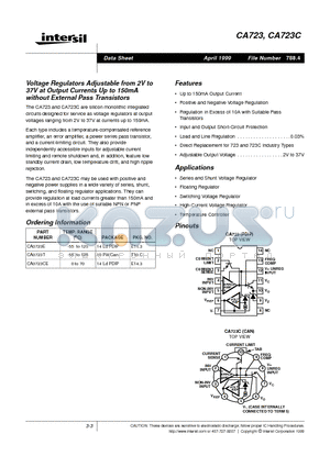CA0723T datasheet - Voltage Regulators Adjustable from 2V to 37V at Output Currents Up to 150mA without External Pass Transistors