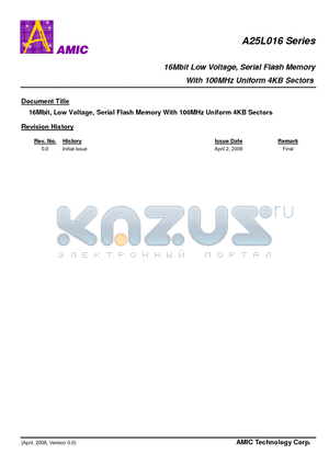 A25L016-M datasheet - 16Mbit Low Voltage, Serial Flash Memory With 100MHz Uniform 4KB Sectors