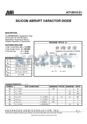 AT12015-21 datasheet - SILICON ABRUPT VARACTOR DIODE