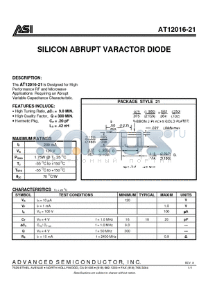 AT12016-21 datasheet - SILICON ABRUPT VARACTOR DIODE