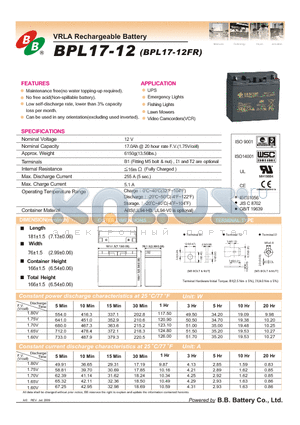 BPL17-12FR datasheet - VRLA Rechargeable Battery