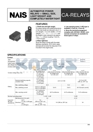 CA1-DC12V-N datasheet - AUTOMOTIVE POWER RELAYS SMALL SIZE, LIGHT WEIGHT AND COMPLETELY WATER TIGHT