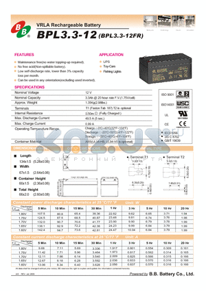 BPL3.3-12FR datasheet - VRLA Rechargeable Battery