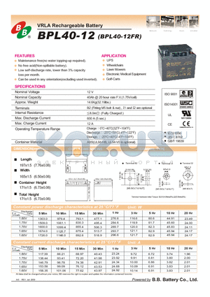 BPL40-12FR datasheet - VRLA Rechargeable Battery