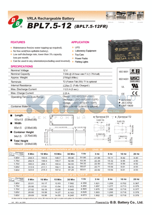 BPL7.5-12FR datasheet - VRLA Rechargeable Battery