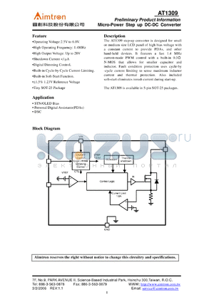 AT1309 datasheet - Micro-Power Step up DC-DC Converter