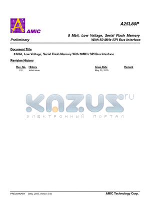 A25L05PMW-50F datasheet - 8 Mbit, Low Voltage, Serial Flash Memory With 50 MHz SPI Bus Interface