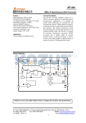 AT1361X_GRE datasheet - 1MHz,1A Synchronous Buck Converter