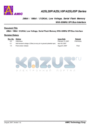 A25L05P datasheet - 2Mbit / 1Mbit / 512Kbit, Low Voltage, Serial Flash Memory With 85MHz SPI Bus Interface