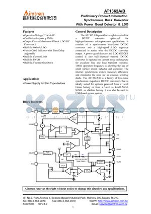 AT1362A datasheet - Synchronous Buck Converter With Power Good Detector & LDO