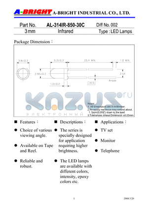 AL-314IR-850-30C_08 datasheet - 3mm Infrared LED Lamps