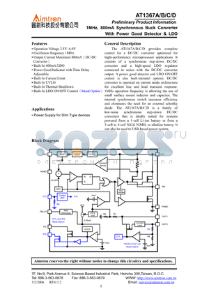 AT1367A datasheet - 1MHz, 800mA Synchronous Buck Converter With Power Good Detector & LDO