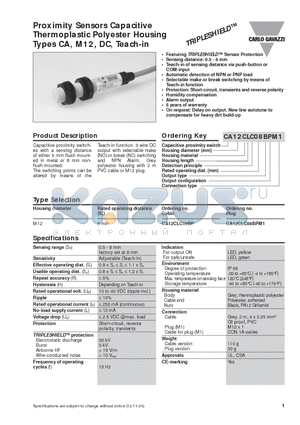 CA12CLC08BP datasheet - Proximity Sensors Capacitive Thermoplastic Polyester Housing