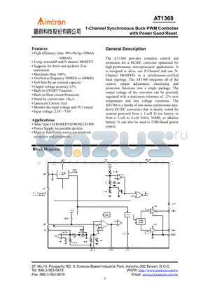 AT1368AR datasheet - 1- Channel Synchronous Buck PWM Controller with Power Good Reset