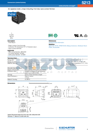 5213-H-ABC0-D-EG datasheet - IEC Appliance Outlet J, Snap-in Mounting, Front Side, Quick-connect Terminal