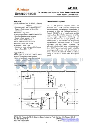 AT1368B datasheet - 1- Channel Synchronous Buck PWM Controller with Power Good Reset