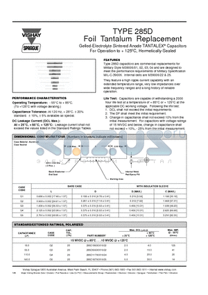 285D106X0200G4 datasheet - TYPE 285D Foil Tantalum Replacement