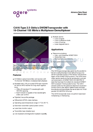 CA16B2FNN datasheet - CA16-Type 2.5 Gbits/s DWDM Transponder with 16-Channel 155 Mbits/s Multiplexer/Demultiplexer