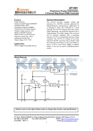 AT1391P datasheet - 1- Channel Step-Down PWM Controller