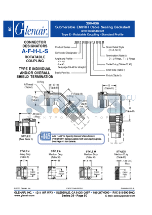 390FH056M14 datasheet - Submersible EMI/RFI Cable Sealing Backshell with Strain Relief
