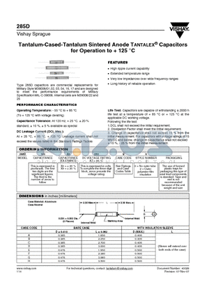 285D126X0250D0 datasheet - Tantalum-Cased-Tantalum Sintered Anode TANTALEX^ Capacitors for Operation to  125 `C