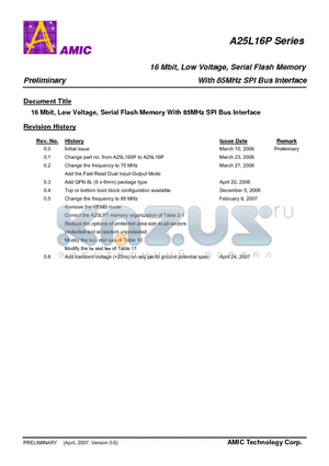 A25L16P datasheet - 16 Mbit, Low Voltage, Serial Flash Memory With 85MHz SPI Bus Interface