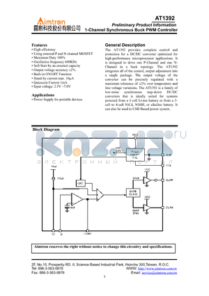 AT1392 datasheet - 1-Channel Synchronous Buck PWM Controller