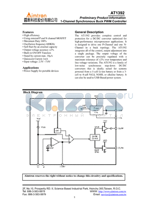 AT1392P-GRE datasheet - 1-Channel Synchronous Buck PWM Controller