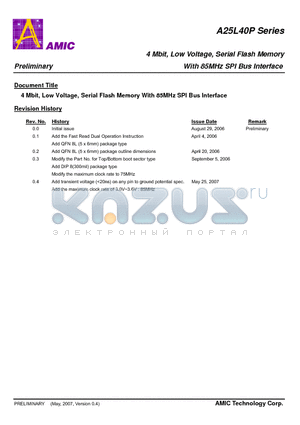 A25L40PTN-F datasheet - 4 Mbit, Low Voltage, Serial Flash Memory With 85MHz SPI Bus Interface