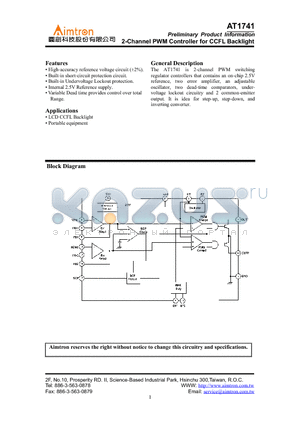 AT1741 datasheet - 2-CHANNEL PWM CONTROLLER FOR CCFL BACKLIGHT