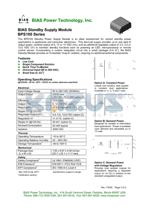 BPS100-A1200-XXX datasheet - Standby Supply Module