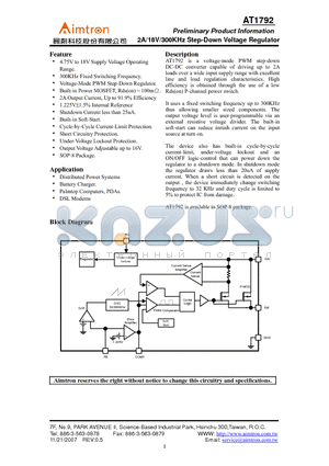 AT1792X-GRE datasheet - 2A/18V/300KHz Step-Down Voltage Regulator