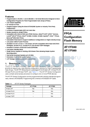 AT17F080 datasheet - FPGA CONFIGURATION FLASH MEMORY