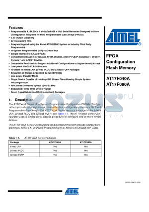 AT17F080A-30QI datasheet - FPGA Configuration Flash Memory