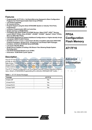 AT17F16-30JI datasheet - FPGA Configuration Flash Memory