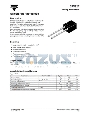 BPV22F datasheet - Silicon PIN Photodiode