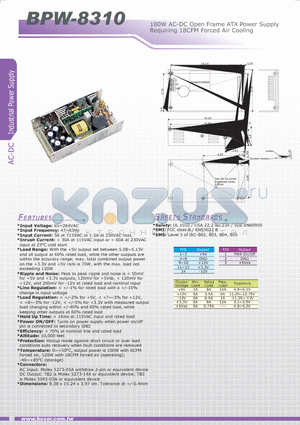 BPW-8310 datasheet - 100W AC-DC Open Frame ATX Power Supply Requiring 18CFM Forced Air Cooling