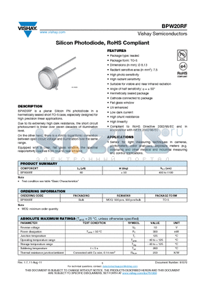 BPW20RF datasheet - Silicon Photodiode, RoHS Compliant