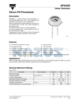 BPW20R datasheet - Silicon PN Photodiode