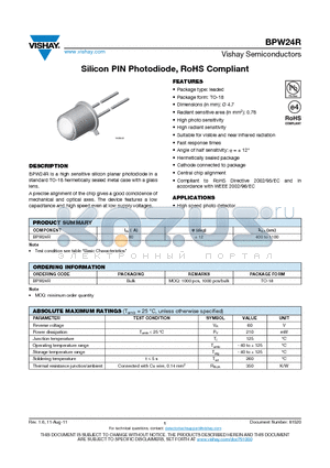 BPW24R datasheet - Silicon PIN Photodiode, RoHS Compliant
