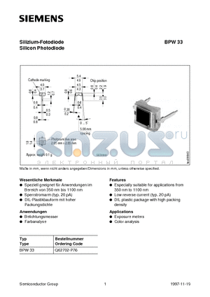 BPW33 datasheet - Silizium-Fotodiode, Silicon Photodiode