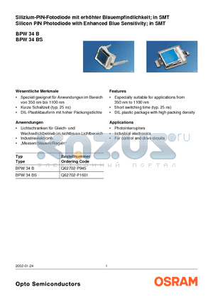 BPW34B datasheet - Silizium-PIN-Fotodiode mit erhohter Blauempfindlichkeit
