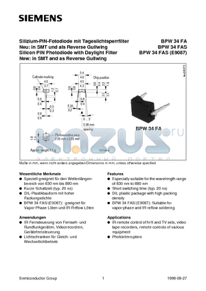 BPW34FA datasheet - Silizium-PIN-Fotodiode mit Tageslichtsperrfilter