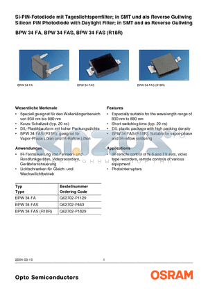 BPW34FA datasheet - Si-PIN-Fotodiode mit Tageslichtsperrfilter