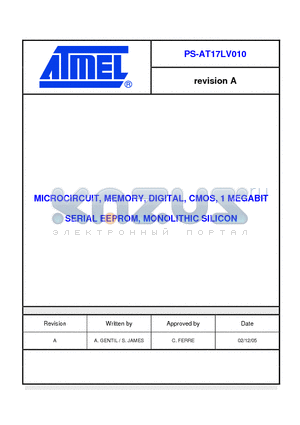 AT17LV010-10DP-SV datasheet - MICROCIRCUIT, MEMORY, DIGITAL, CMOS, 1 MEGABIT SERIAL EEPROM, MONOLITHIC SILICON