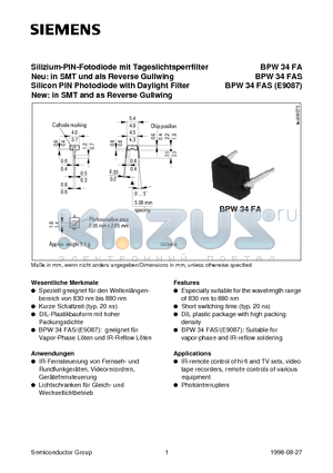 BPW34FAS datasheet - Silizium-PIN-Fotodiode mit Tageslichtsperrfilter