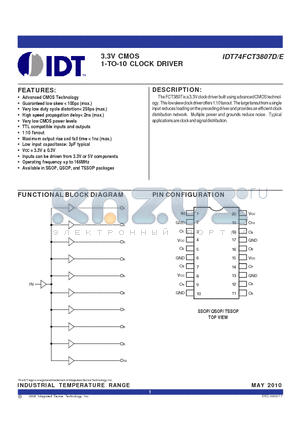 74FCT3807DPGGI datasheet - 3.3V CMOS 1-TO-10 CLOCK DRIVER