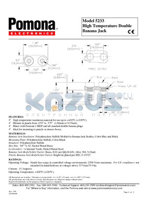 5233 datasheet - High Temperature Double Banana Jack