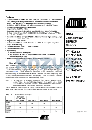 AT17LV010A-10PC datasheet - FPGA Configuration EEPROM Memory