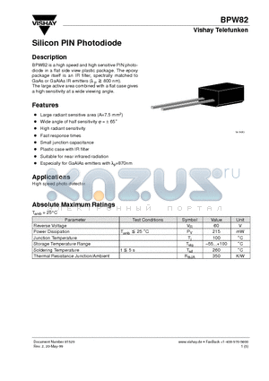 BPW82 datasheet - Silicon PIN Photodiode